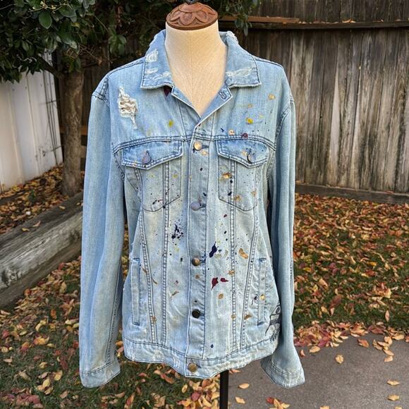 Jackson Distressed Light Blue Wash Trucker Jean Jacket Custom Mens Medium - Picture 1 of 10